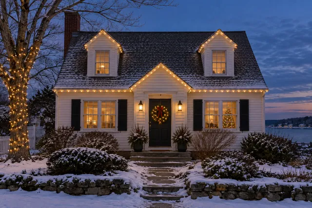 Warm white Christmas lighting on a compact white clapboard Cape Cod cottage in coastal Massachusetts, straight symmetrical gable and brick chimney, leafless maple, light settled snow