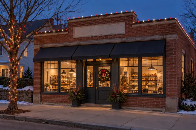 Red & white Christmas lighting on a small independent New England brick bakery storefront with plain blank sign panel, dry paved sidewalk