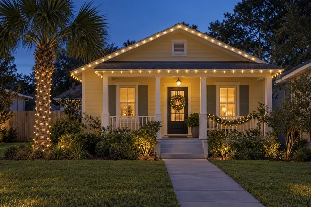 Warm white Christmas lighting on a small pale-yellow Florida bungalow, single gable, small front porch, one sabal palm, green lawn, no snow