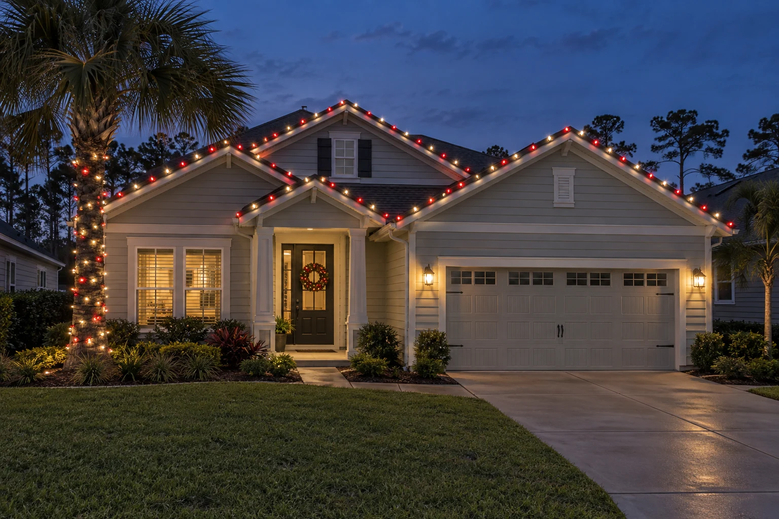 Red & white Christmas lighting on a medium Jacksonville light-gray coastal home with a straightforward two-car rectangular garage, palms and green lawn