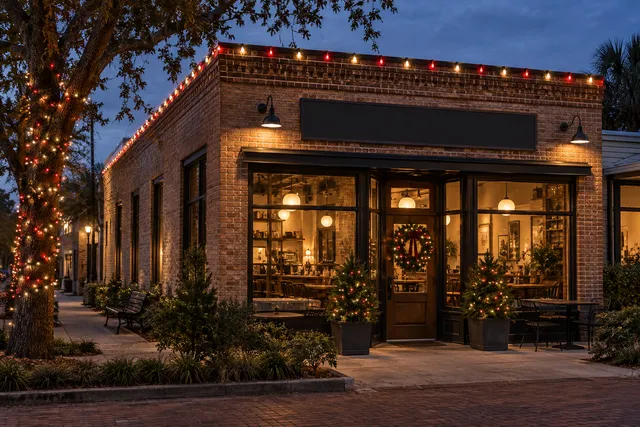 Red & white Christmas lighting on a small Savannah brick cafe with a simple glazed storefront and blank sign, potted evergreens, no snow