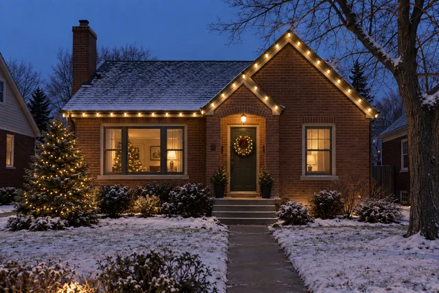 Warm white Christmas lighting on a small Michigan red-brick bungalow with one front gable and low steps, spruce and bare maple, thin snow