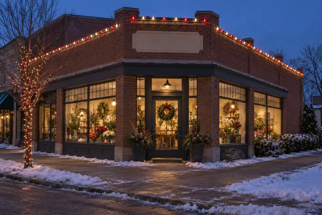 Red & white Christmas lighting on a small Illinois brick corner flower shop with a blank sign panel and broad windows, snowy verge