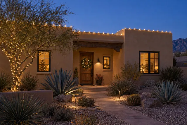 Warm white Christmas lighting on a small Arizona adobe bungalow with a simple flat parapet, clay-colored stucco, agave and gravel garden