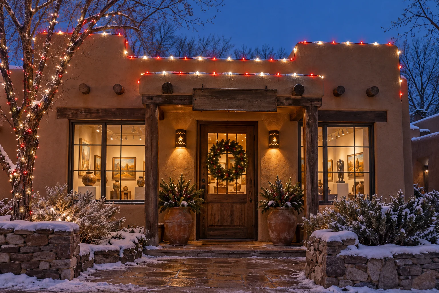 Red & white Christmas lighting on a small Santa Fe adobe art gallery storefront with a single timber entry, blank sign and clay pots