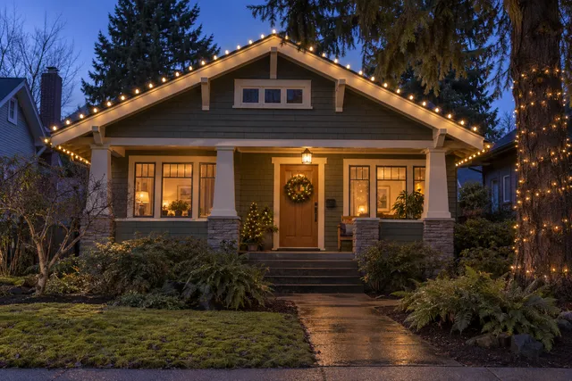 Warm white Christmas lighting on a small Portland cedar bungalow with a simple front gable, mossy lawn, Douglas fir and fern