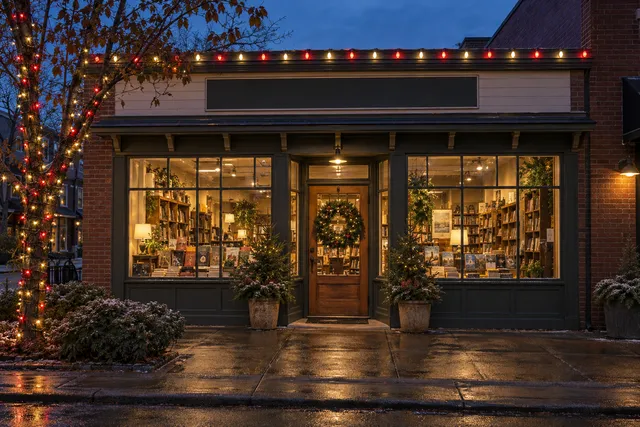 Red & white Christmas lighting on a small Portland brick-and-timber bookstore storefront with blank sign panel, rain-dark pavement and potted firs