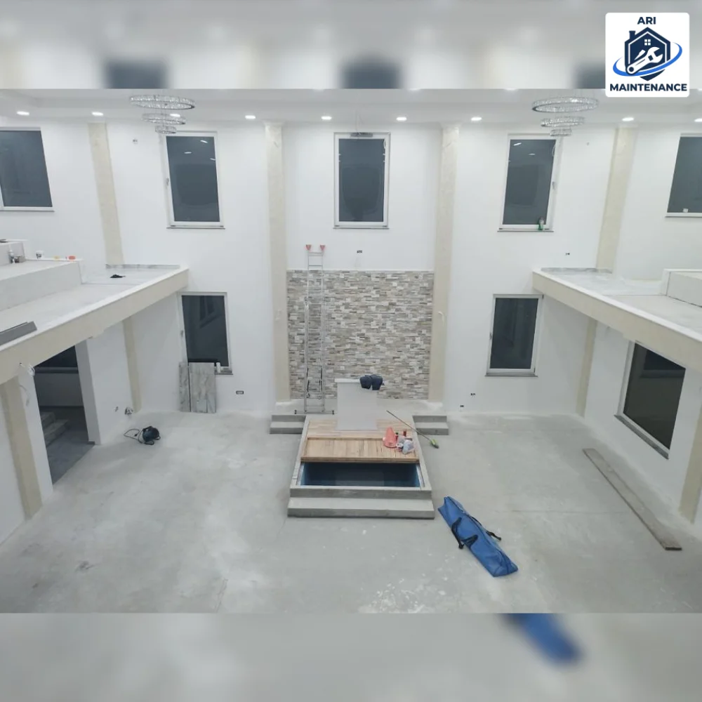 Open warehouse-style commercial fit-out in progress.