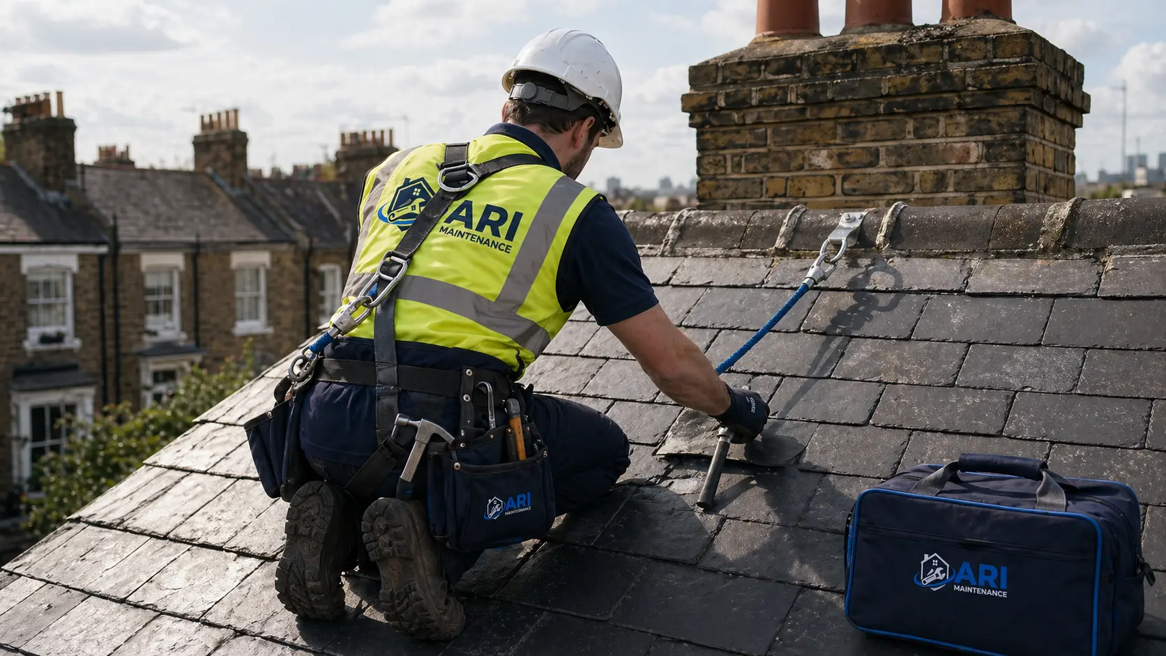 Roofer carrying out repairs on a London property (in Hackney context)