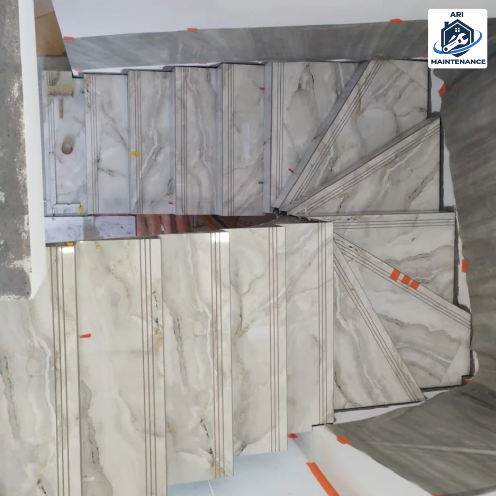Marble flooring slabs in storage, awaiting install.