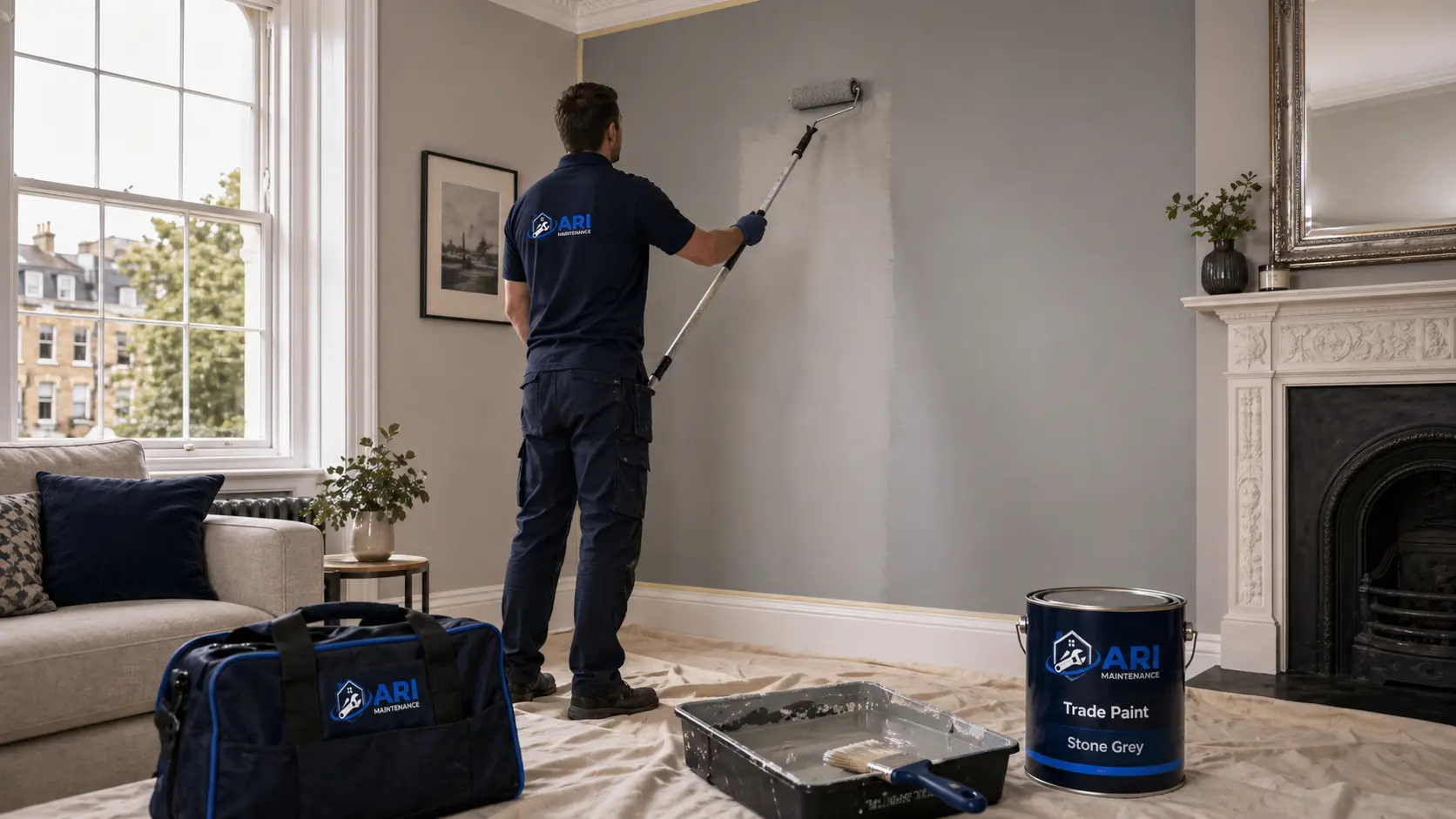 Painter and decorator at work in a London property (in Hackney context)