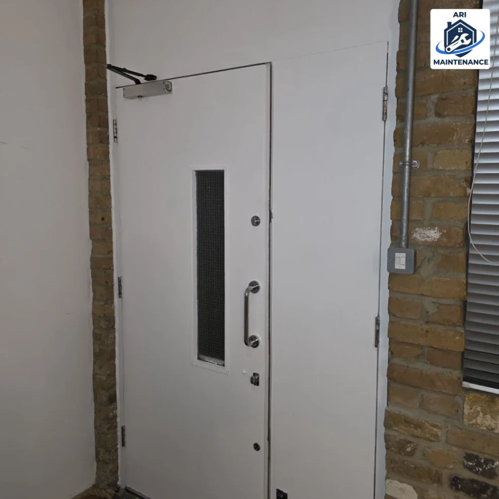 Steel security door installed in commercial setting.