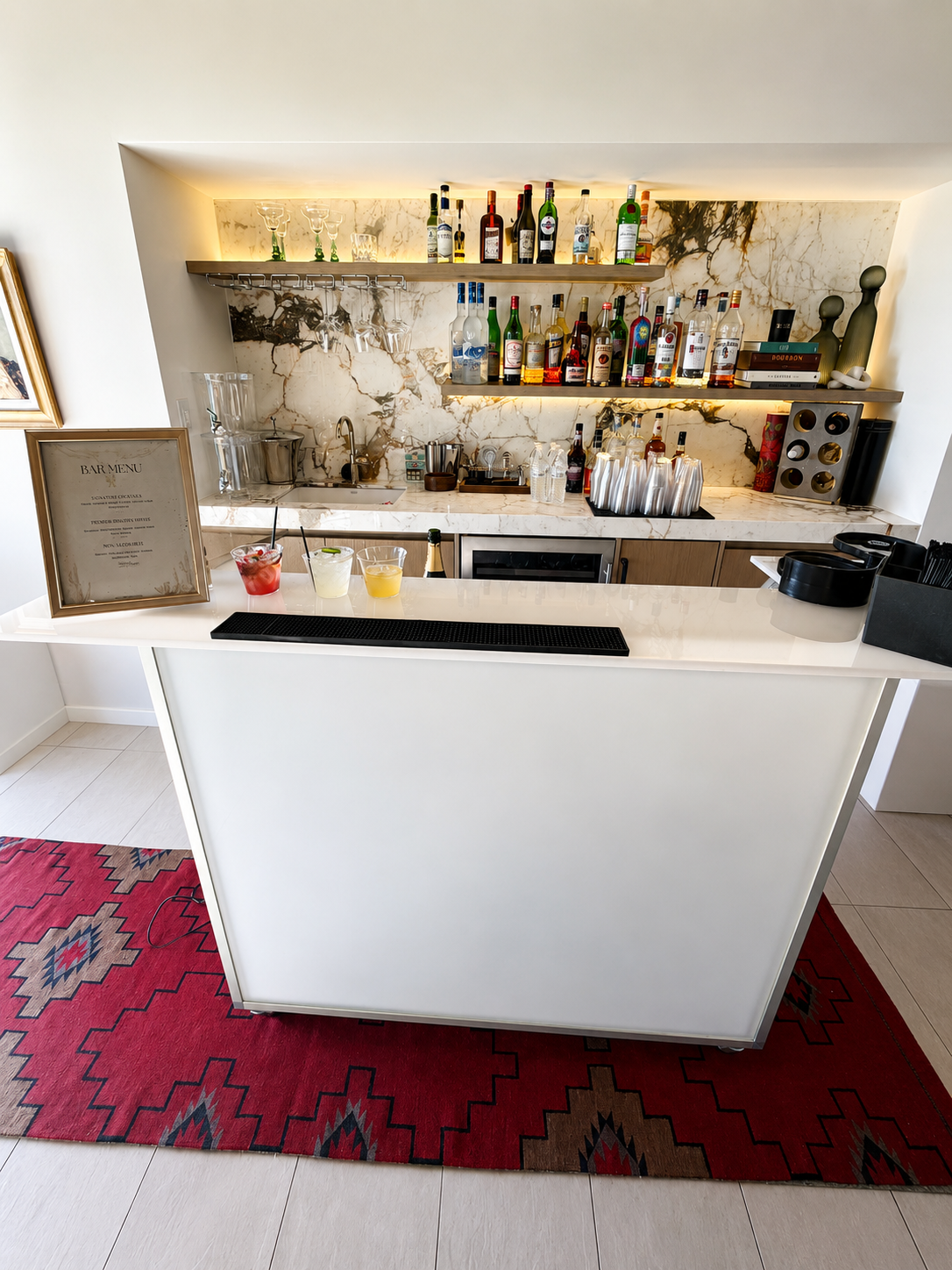 White mobile bar with cocktails at a private event