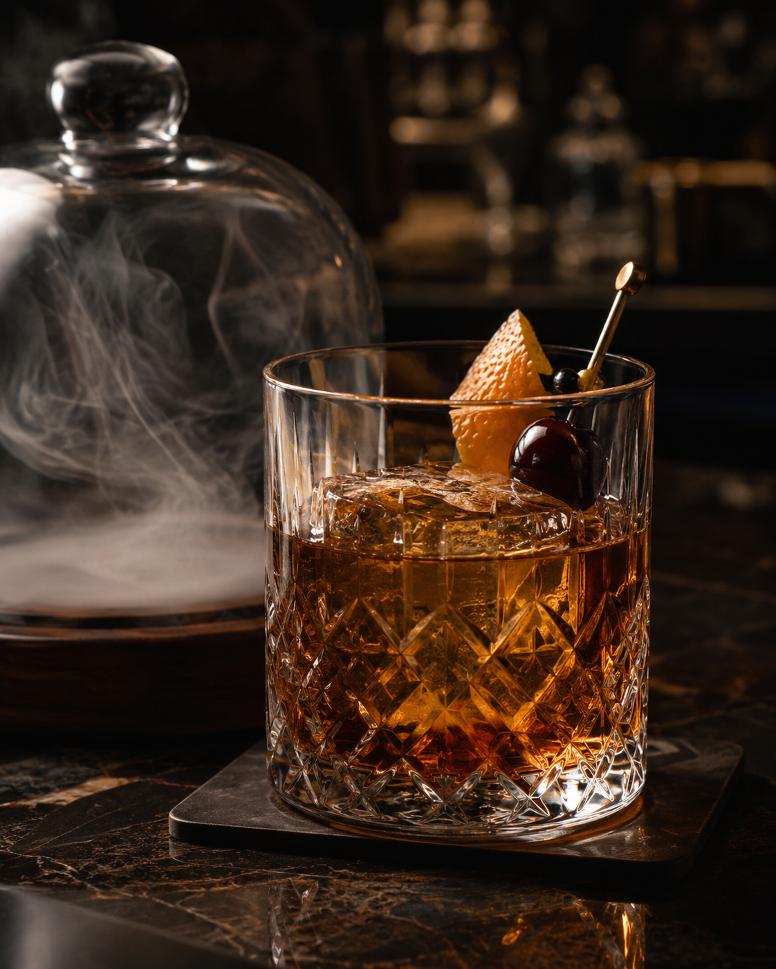 Old Fashioned beside a smoking glass cloche
