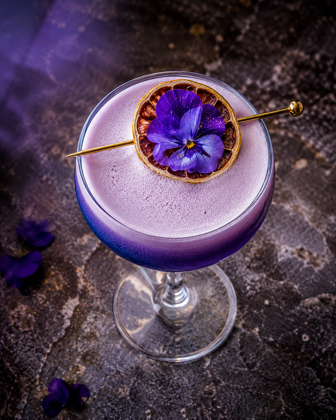 Violet gin sour with an edible flower