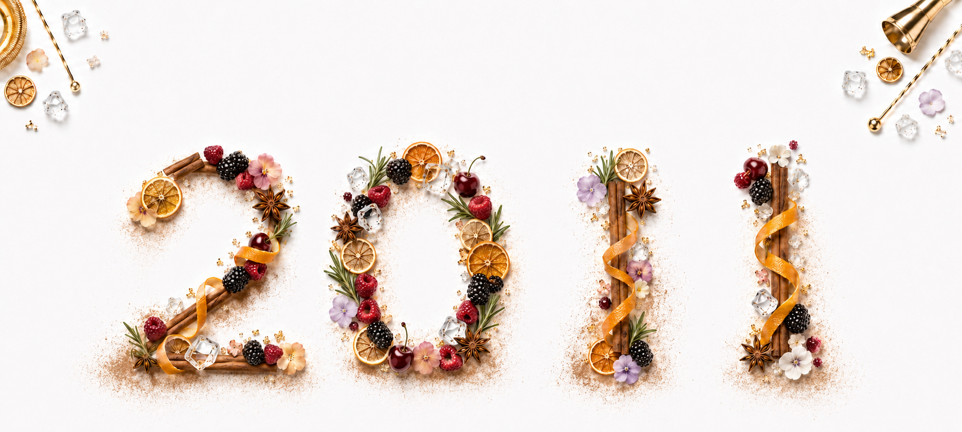 2011 created from cocktail ingredients, with gold bar tools and citrus decorating both upper corners
