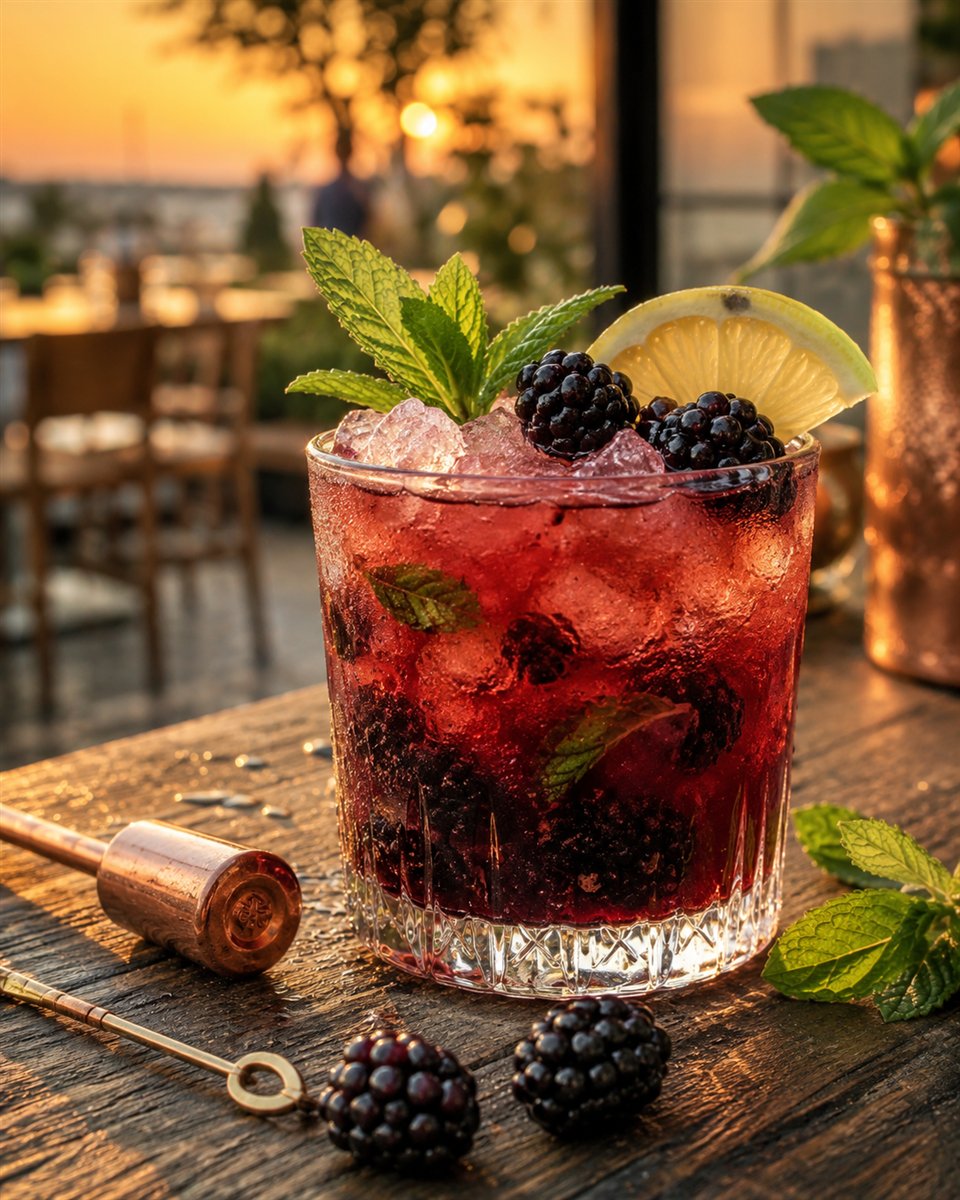 Blackberry cocktail with mint, berries, and lemon