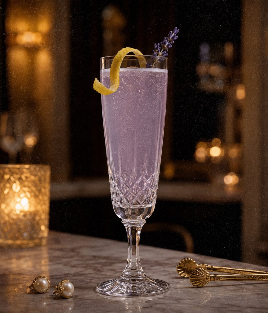 Elegant French 75 cocktail beside gold bar tools