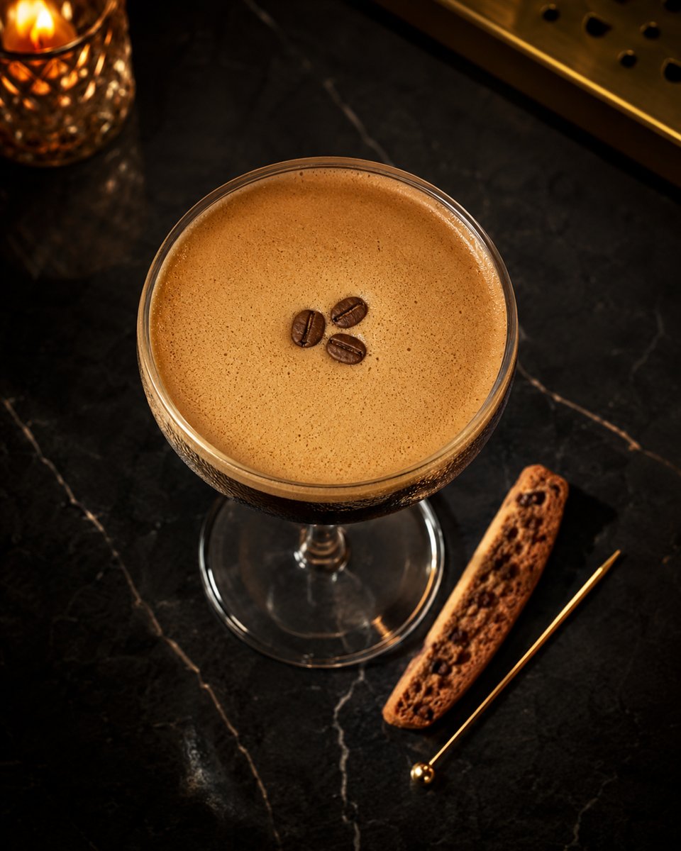 Espresso martini topped with coffee beans