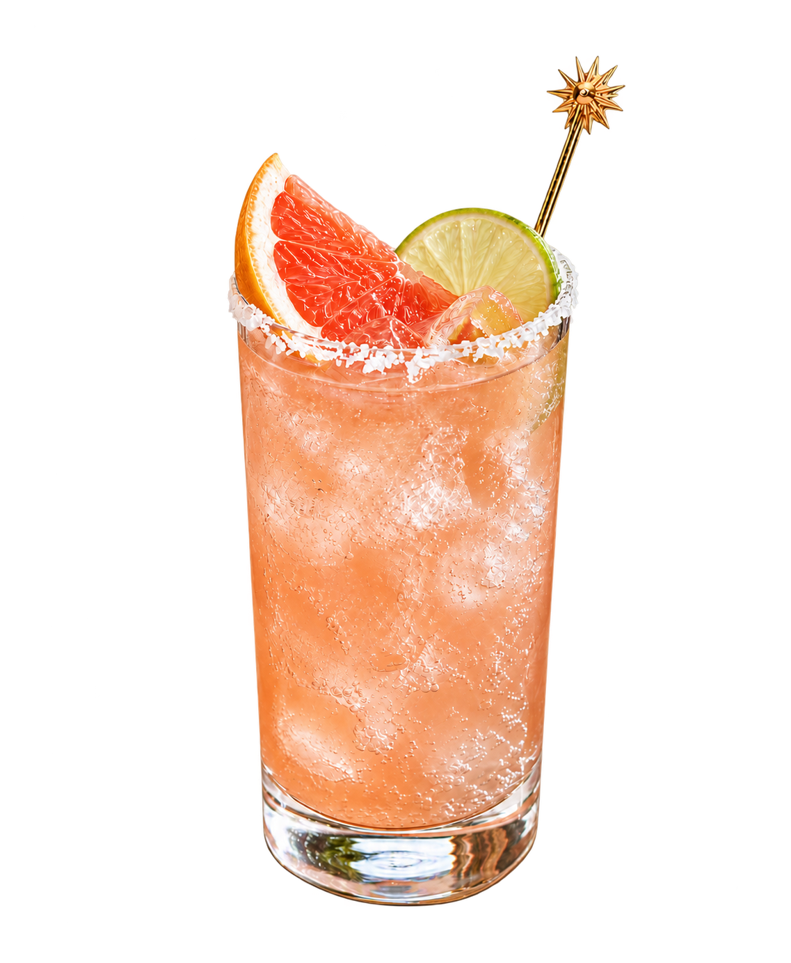 Grapefruit paloma garnished with citrus and a gold cocktail pick