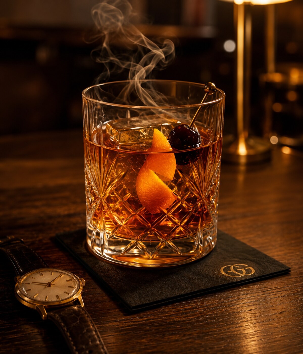 Smoked maple Old Fashioned beside a wristwatch and monogrammed napkin