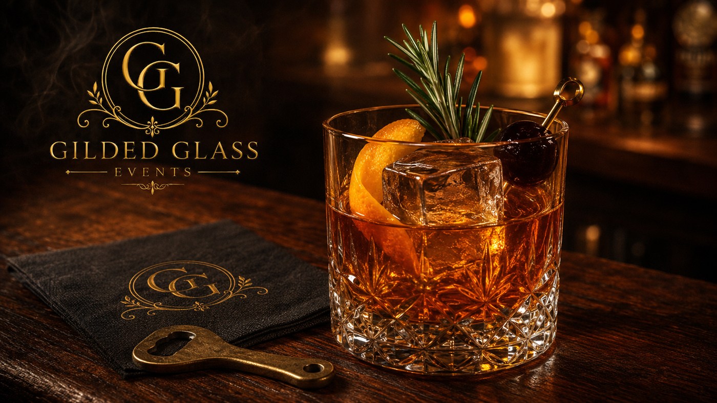 Gilded Glass Events logo with an Old Fashioned and branded cocktail napkin