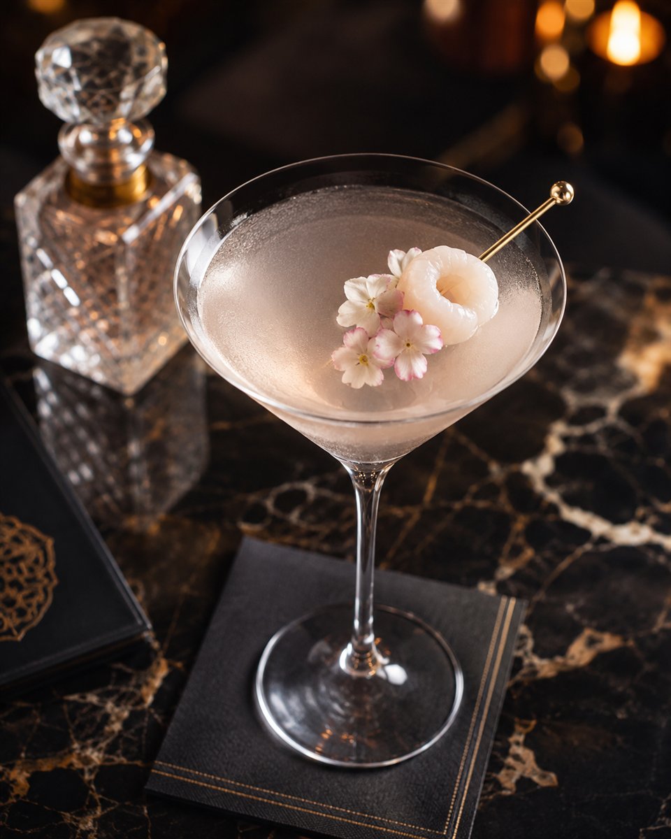 Lychee martini with a floral garnish