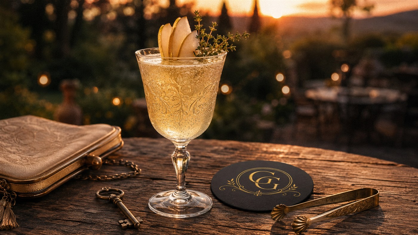 Sparkling pear cocktail at sunset with a Gilded Glass coaster