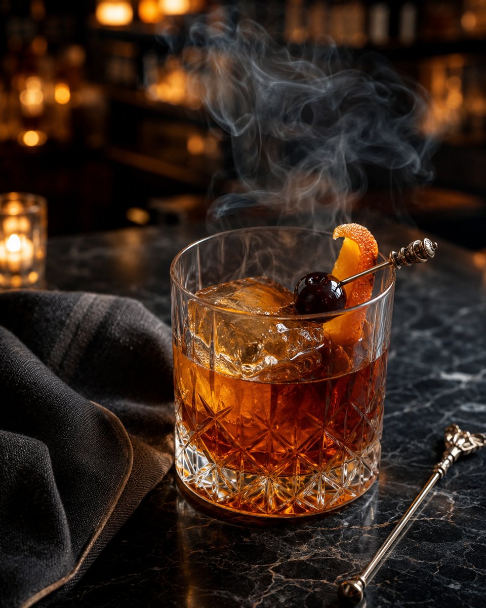 Smoked Old Fashioned with a cherry and orange peel