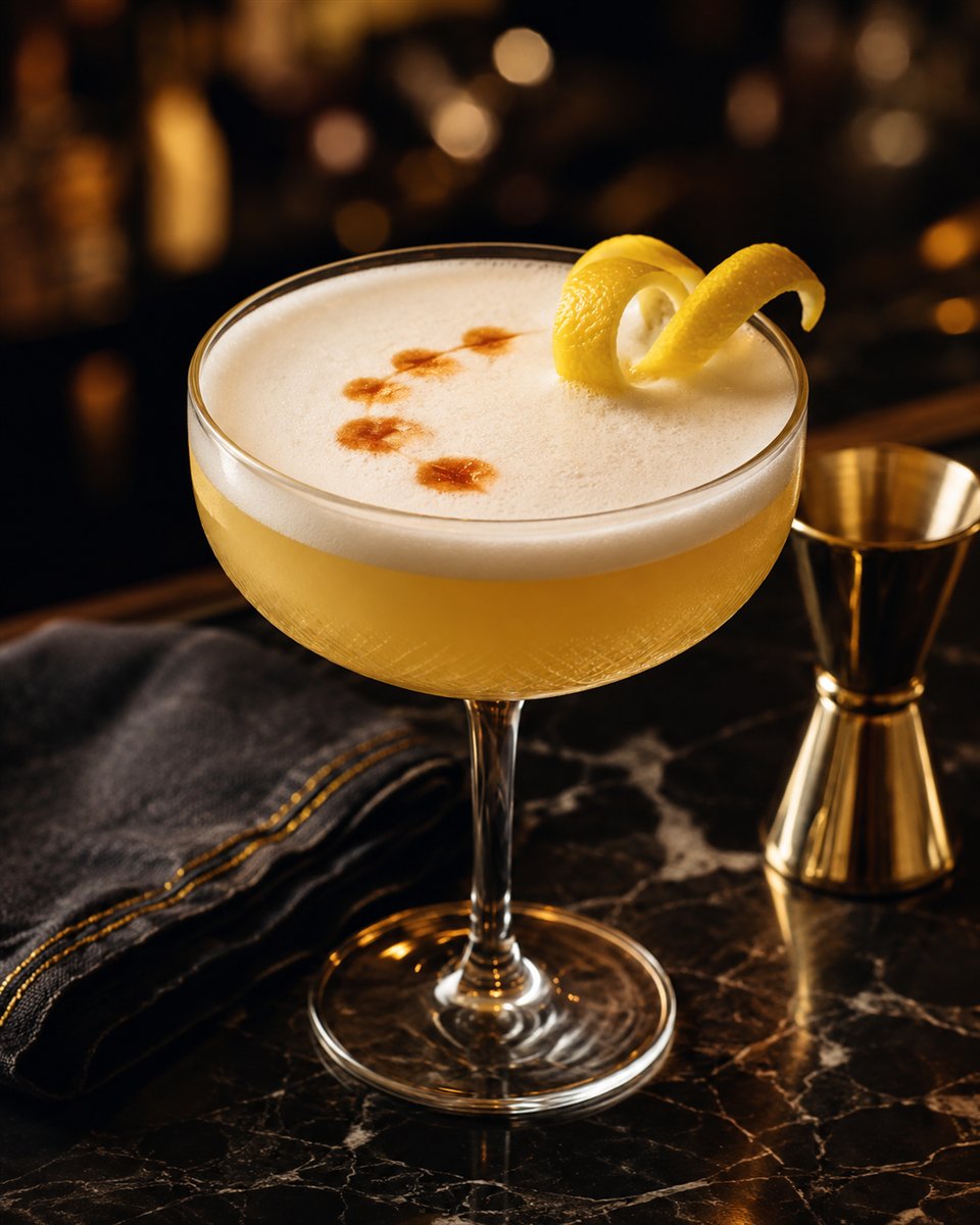 Whiskey sour with a lemon twist beside a gold jigger