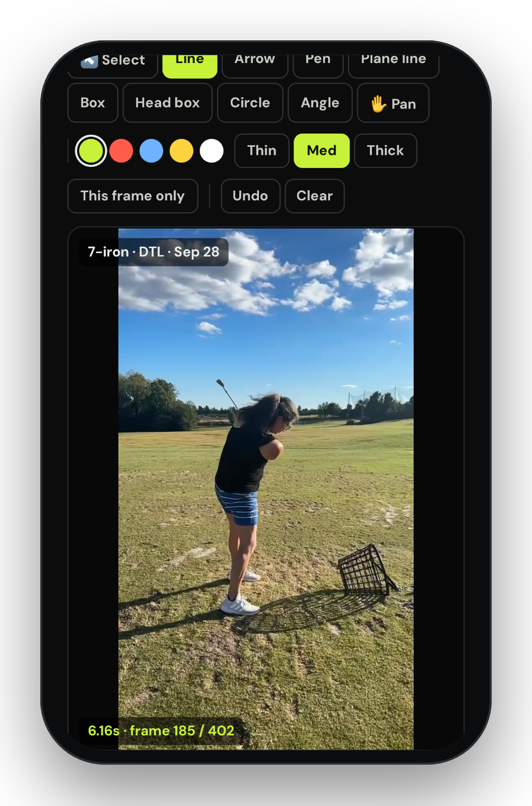 Swing analyzer with coach drawing tools and frame-by-frame playback