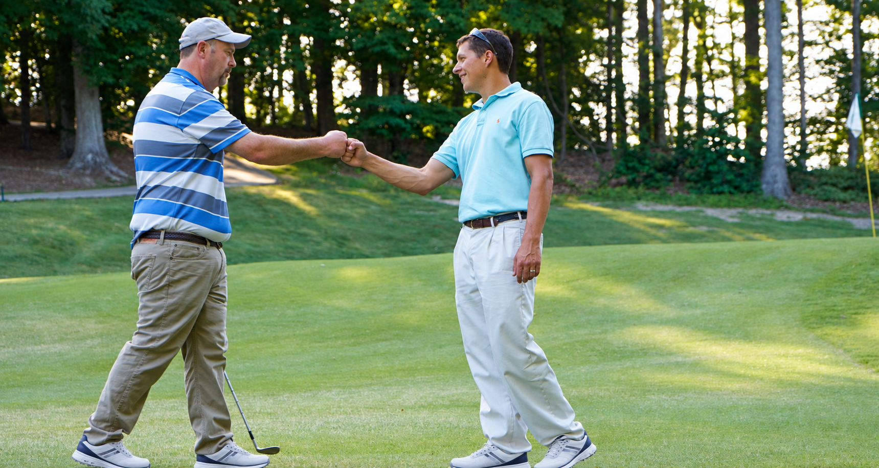 Bo Watson fist-bumping a student on the course