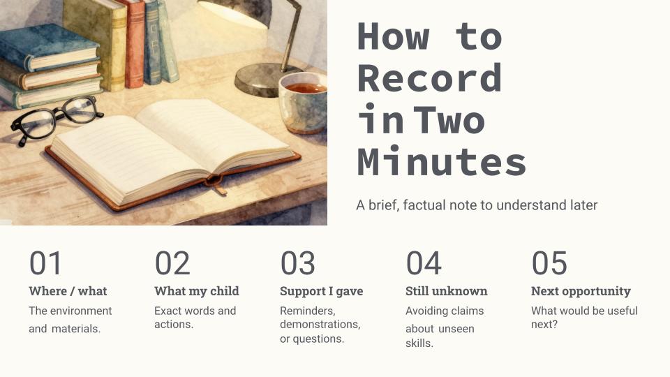 graphic depicting How to Record in Two Minutes with A brief, factual note to understand later graphic depicting How to Record in Two Minutes with A brief, factual note to understand later