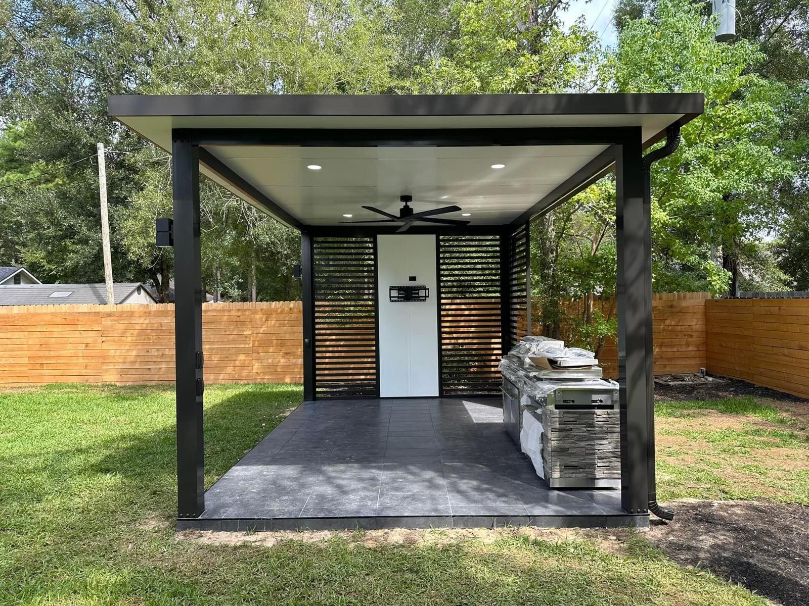 Custom aluminum pergola fabricated and installed by Steel Power