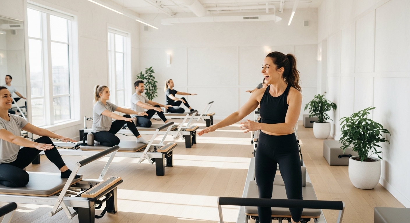 Pilates instructor leading a reformer class in a bright studio