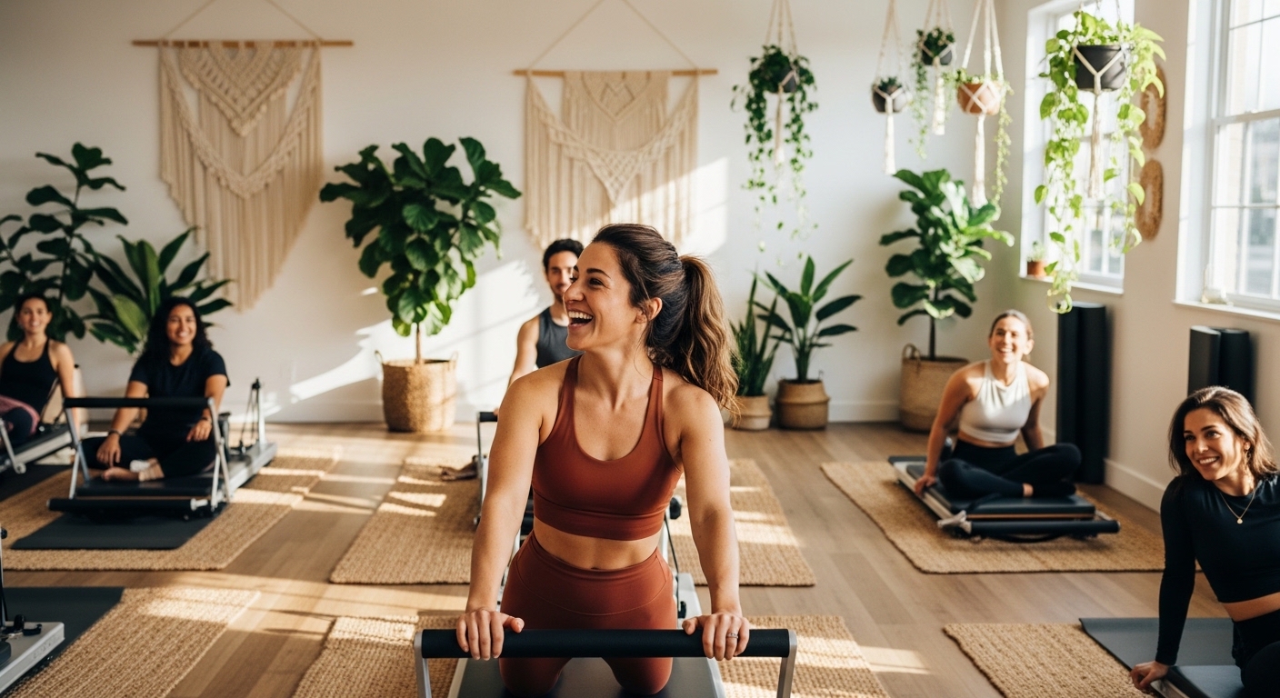 Boho pilates studio with natural light and reformer equipment