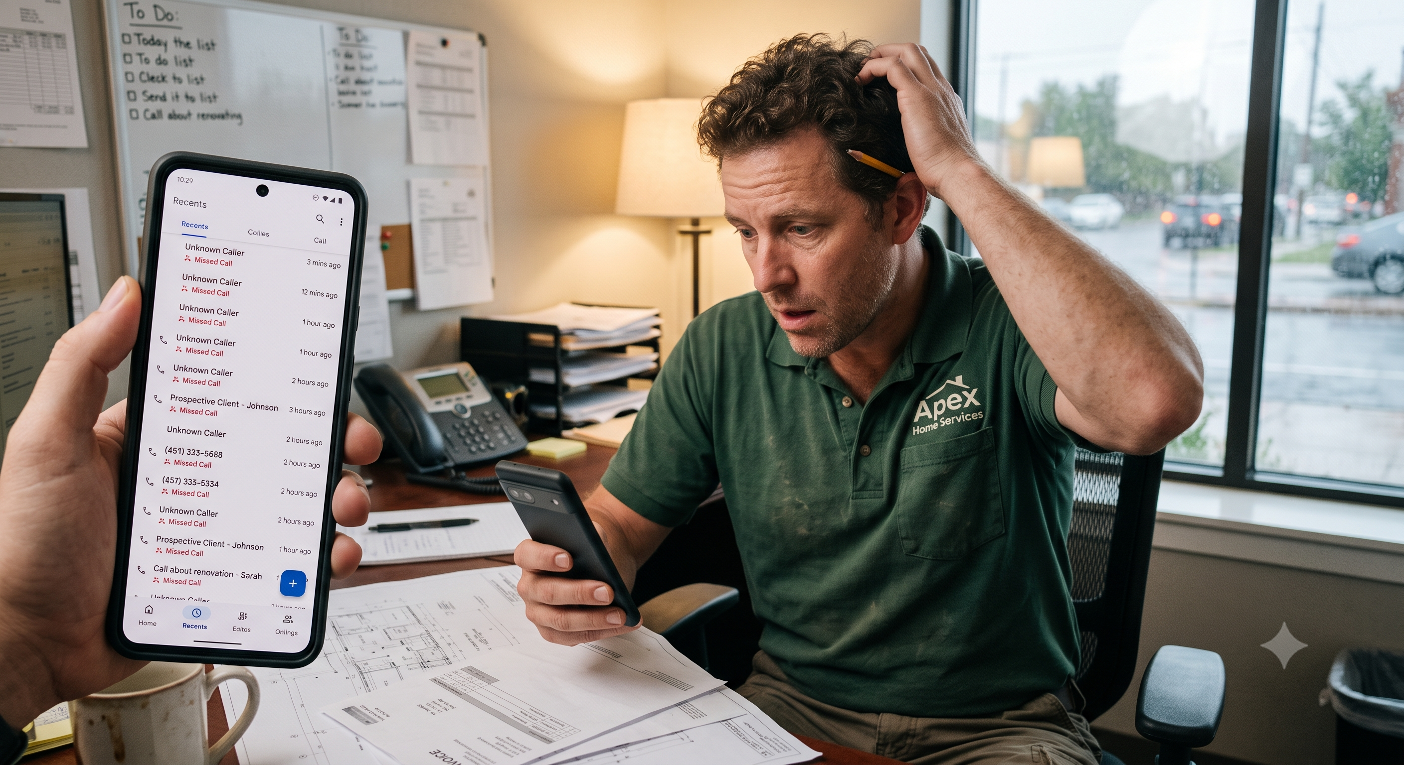 Contractor staring at a phone full of missed calls
