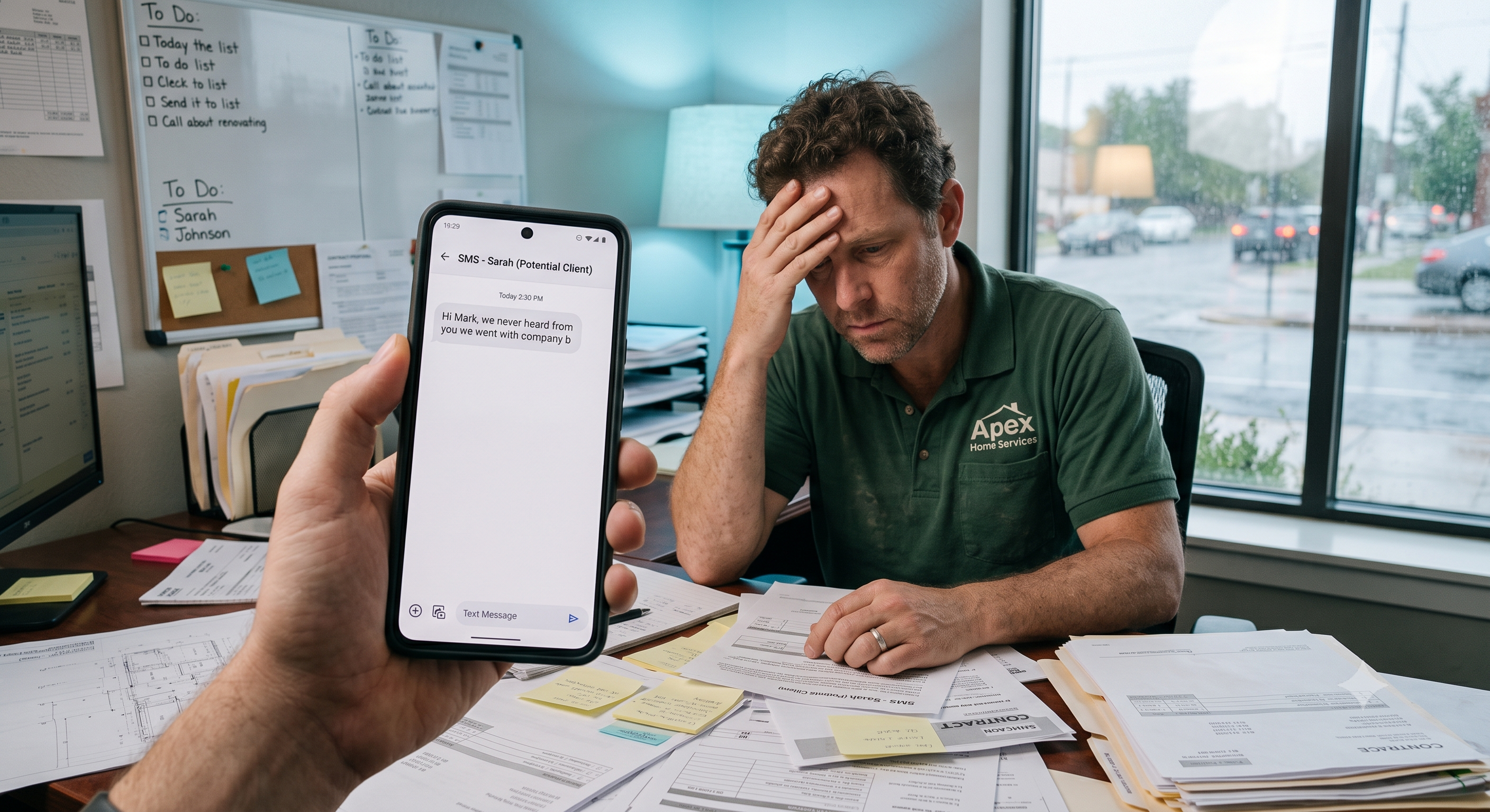 Contractor reading a text from a lost lead who went with another company