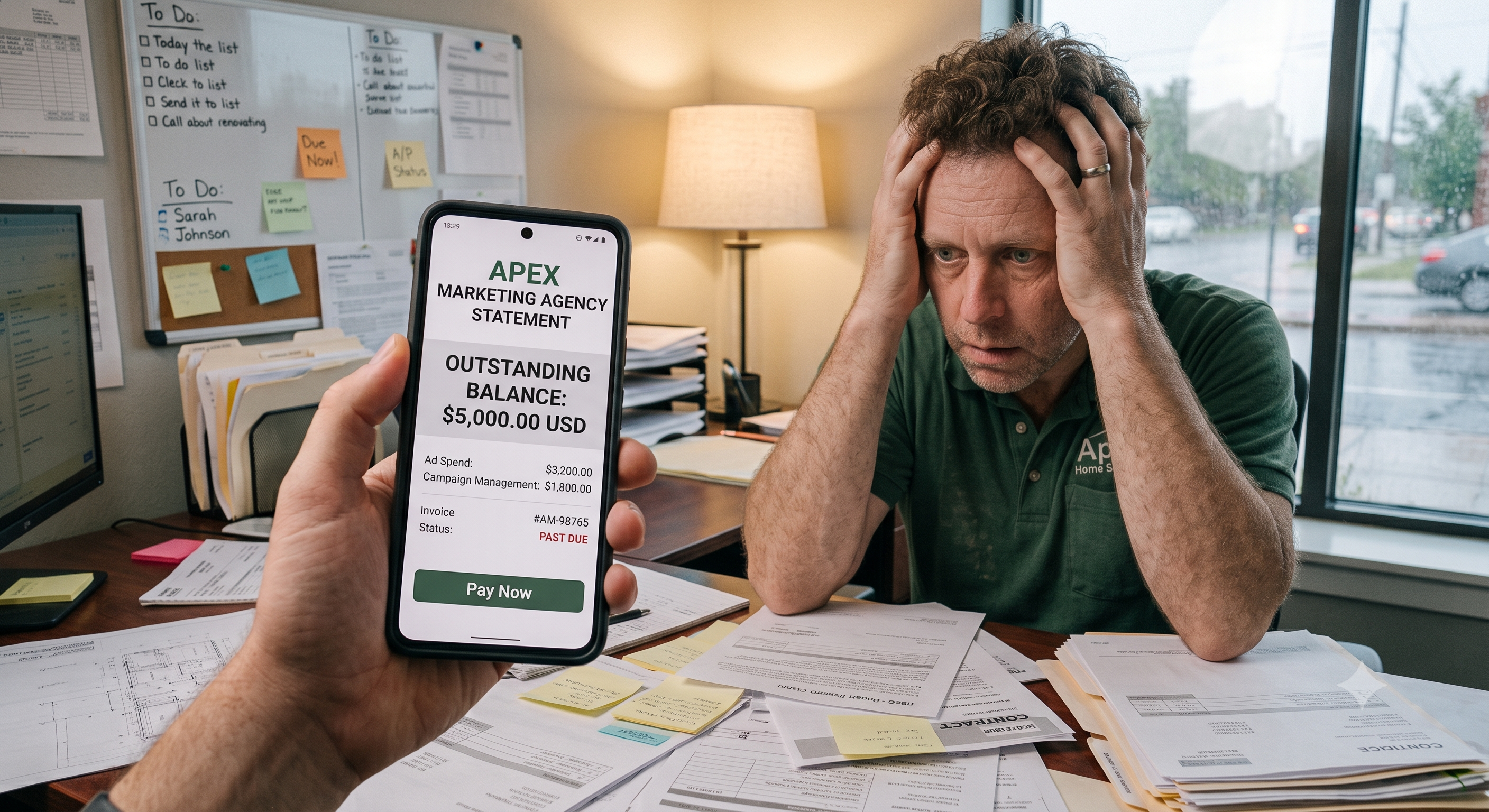 Contractor holding a past-due $5,000 marketing agency invoice