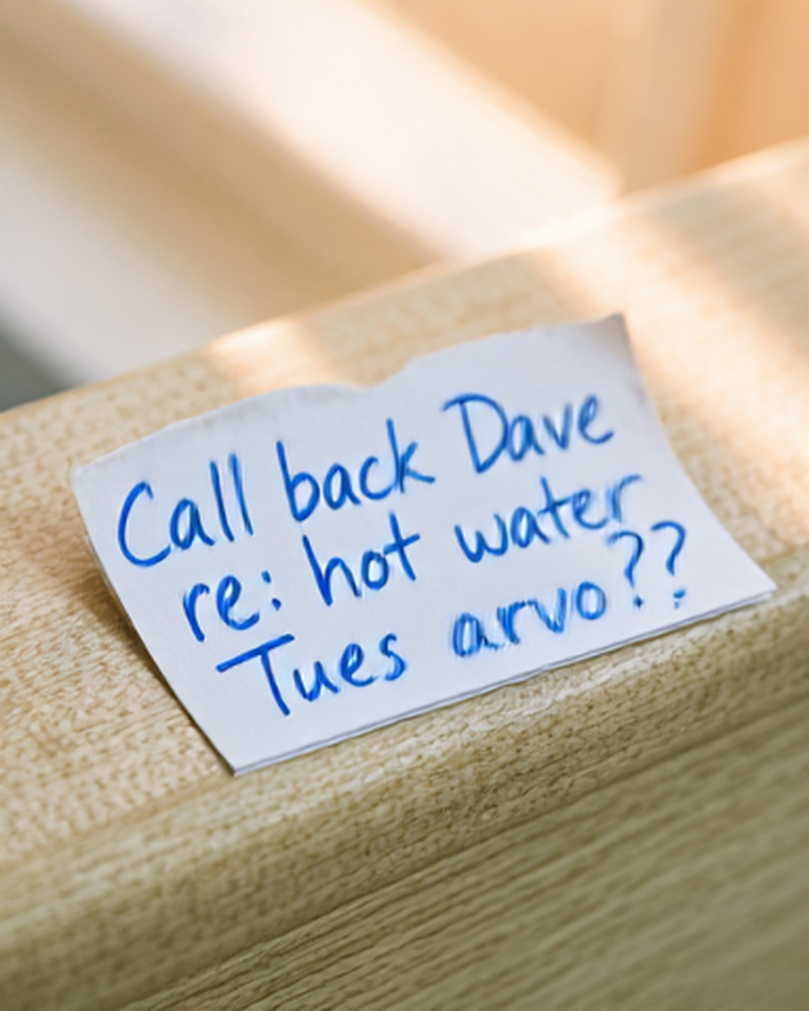 Handwritten note: Call back Dave re: hot water — Tues arvo??