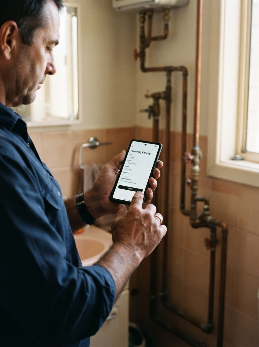 Tradesperson checking a website enquiry form on their phone beside plumbing pipework