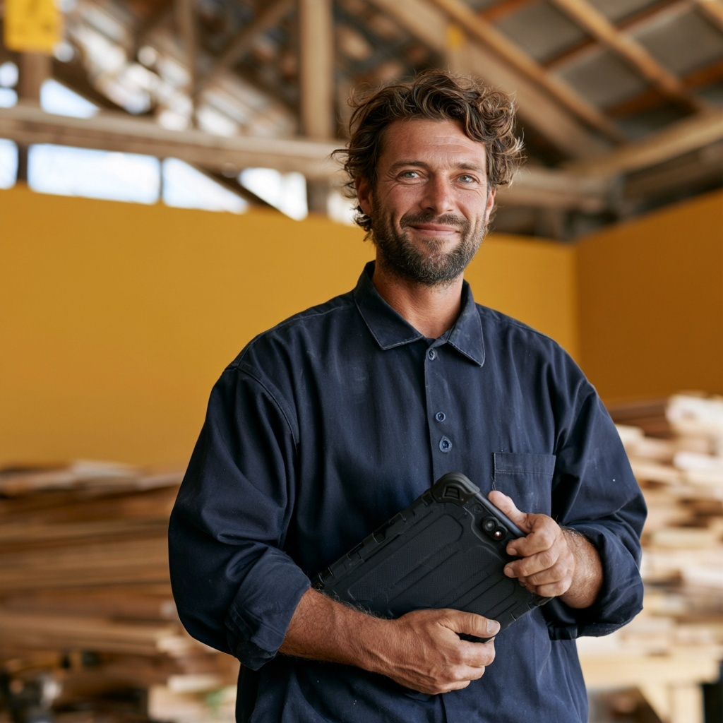 Tradesperson on site holding a rugged tablet, checking an enquiry