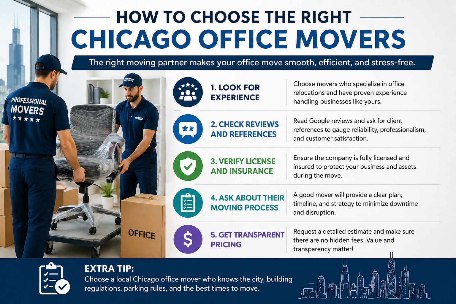 Chicago office movers guide with checklist for choosing reliable moving company including insurance and transparent pricing