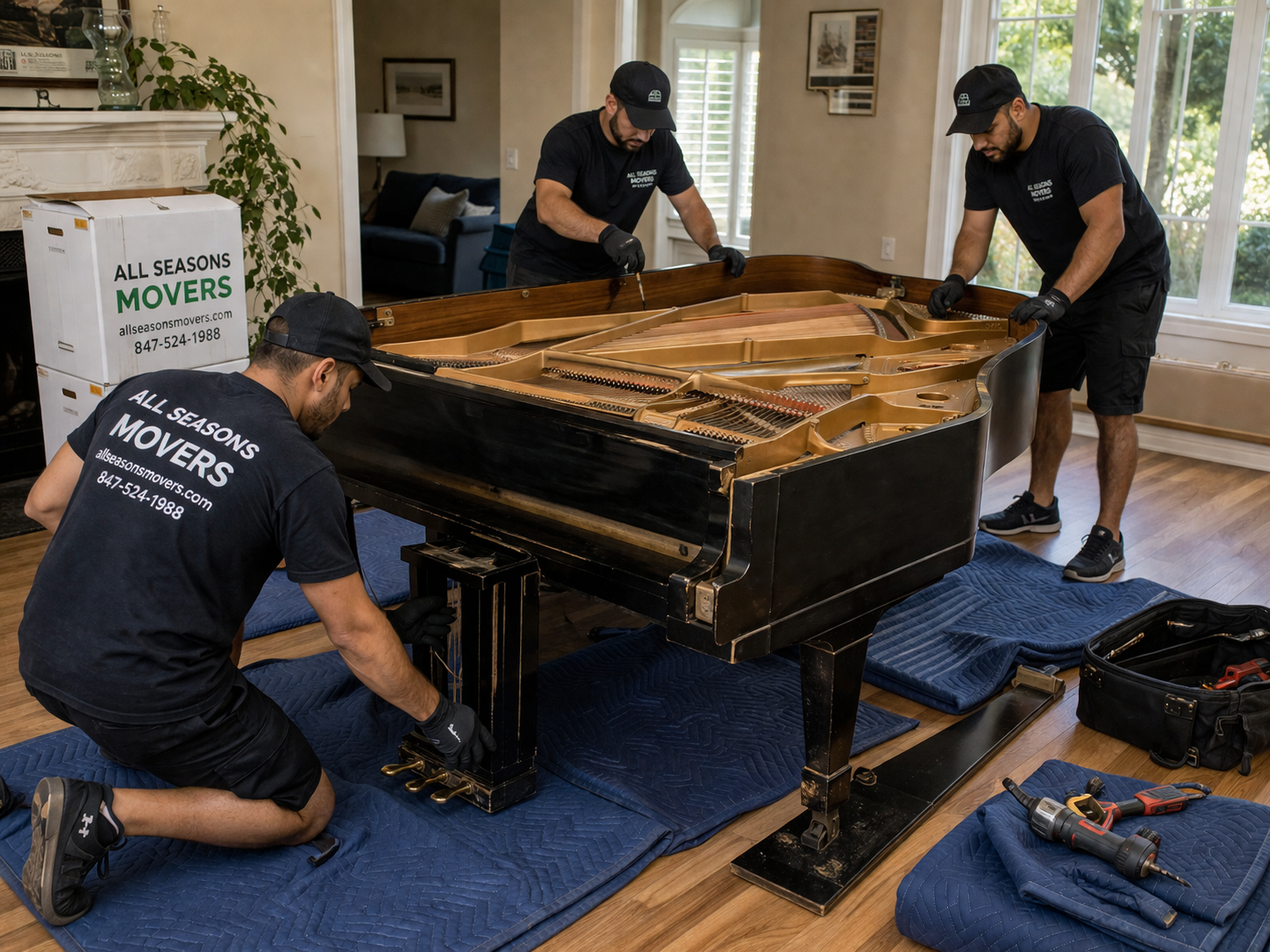 movers disassembling and moving a grand piano