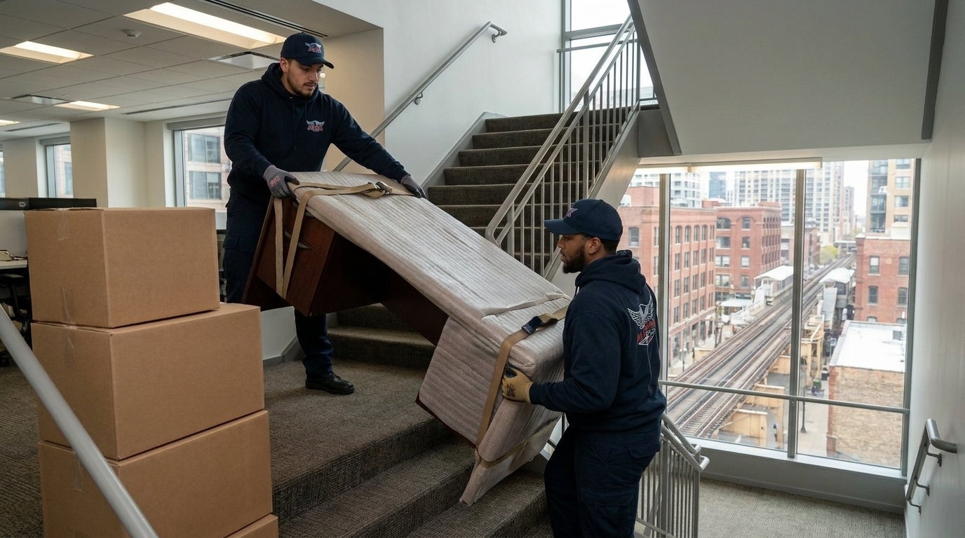all seasons movers chicago moving office furniture from stairway