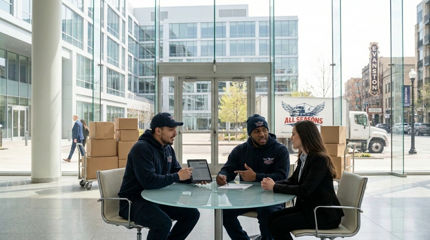 local commercial movers discussing with office employee