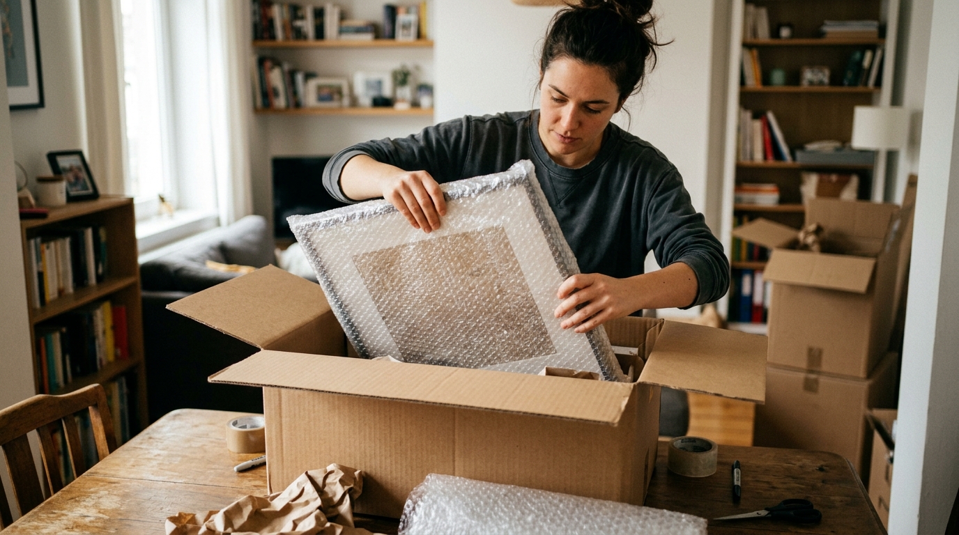 putting the picture frame into a box for moving