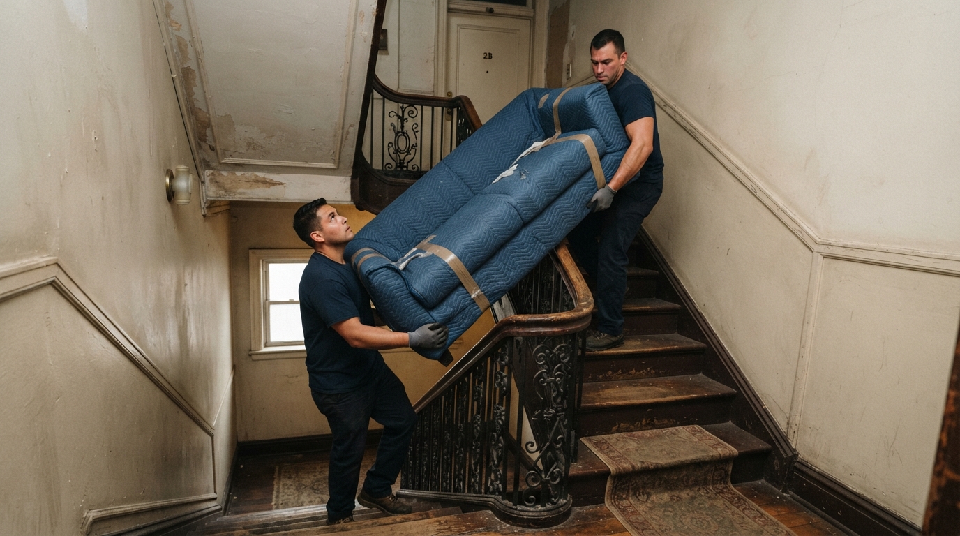 Movers carrying furniture up a narrow staircase in a vintage Lincoln Square building