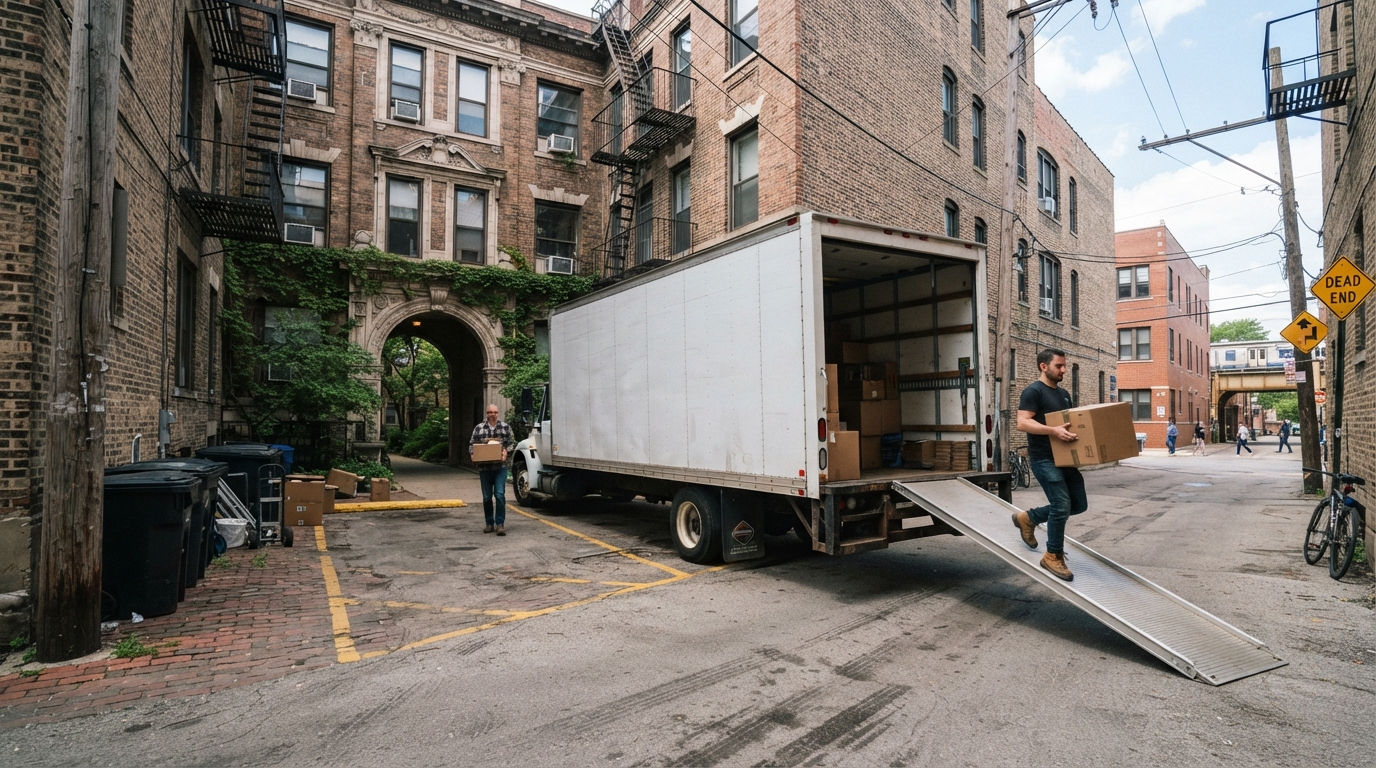 Moving truck loading through an alley entrance in Lincoln Square Chicago