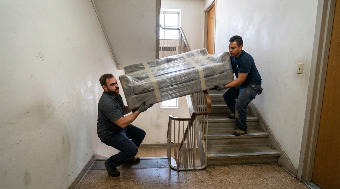 Movers tilting a wrapped couch to fit through a narrow stairwell